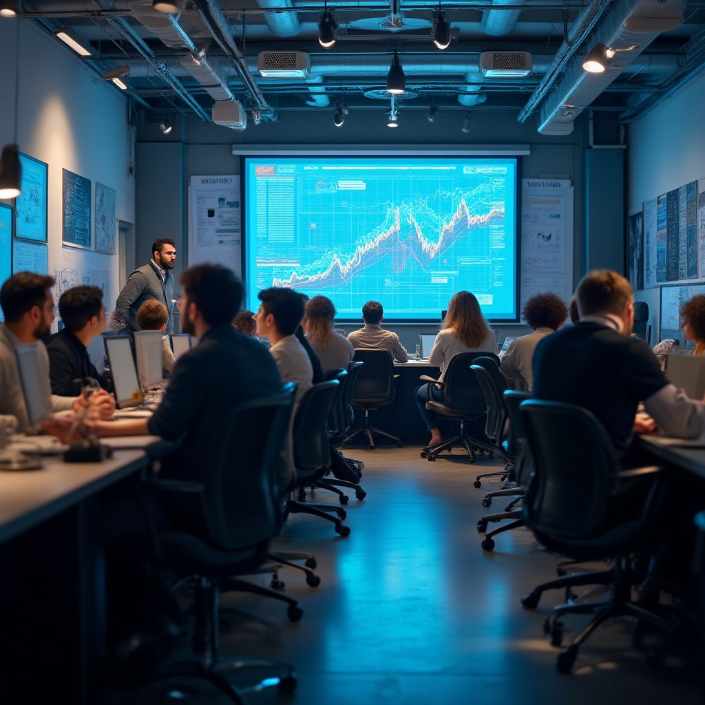 Grupo de estudio analizando mercados financieros